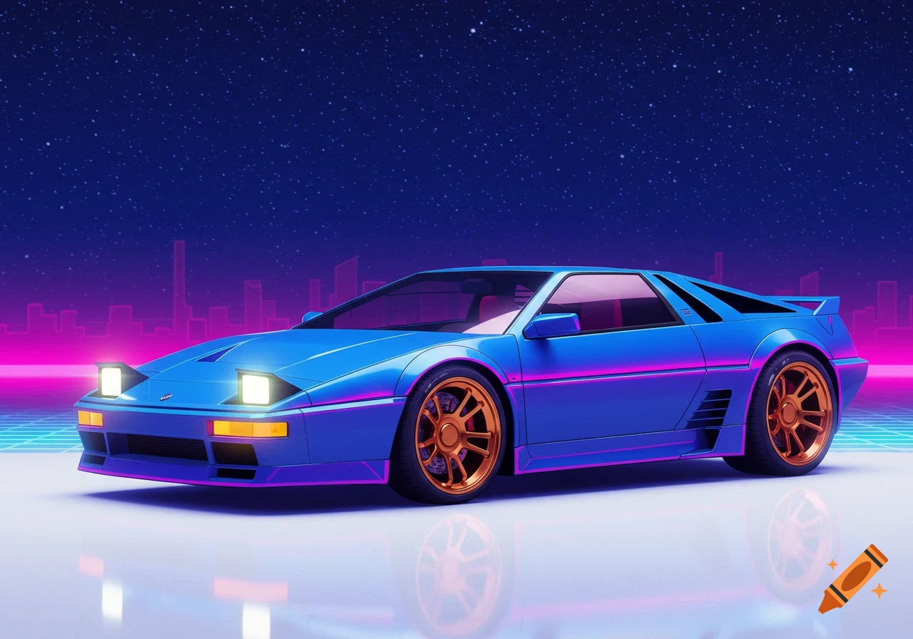 A blue retro-futuristic sports car with orange wheels in an 80s retrowave style setting with a grid floor and starry sky.