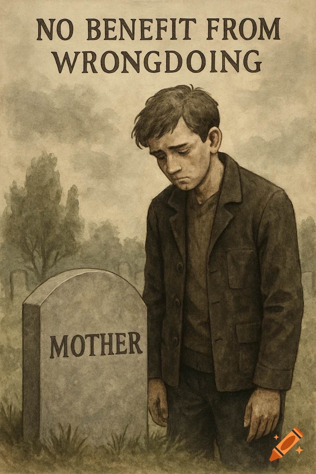 Illustration of a young man standing by a gravestone that says MOTHER in a cemetery with text saying NO BENEFIT FROM WRONGDOING.