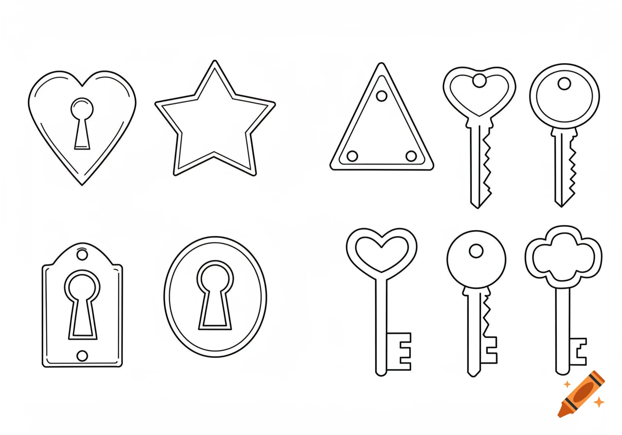 Black and white line drawing of keyholes and keys for a puzzle
