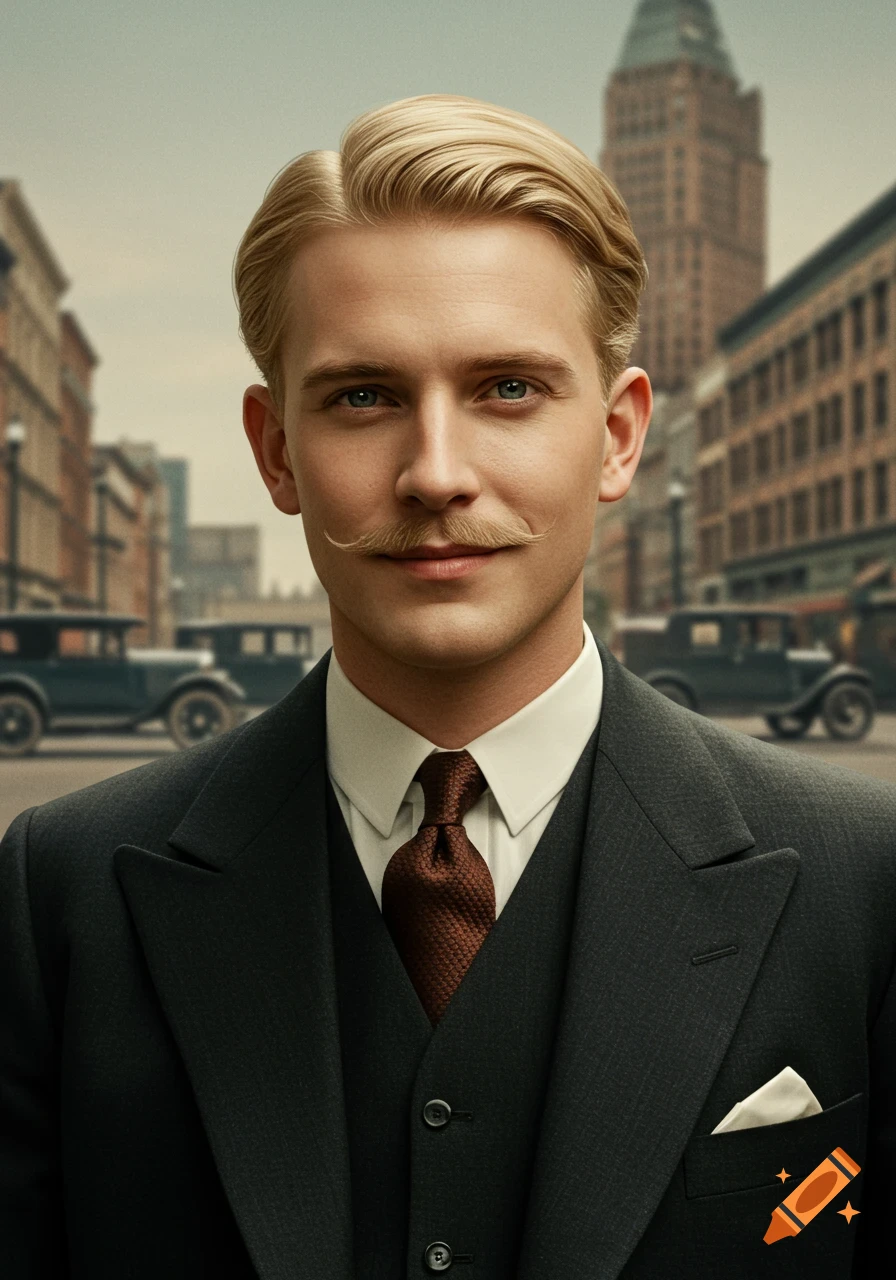 Portrait of a man with blonde hair and a mustache wearing a suit in a 1920s city street.