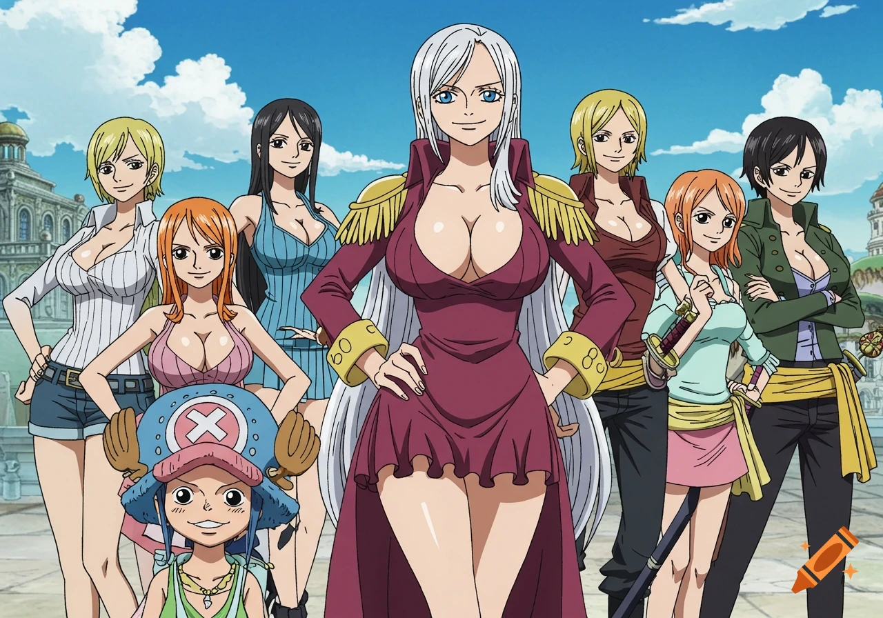 Anime illustration of an all-female pirate crew standing outdoors.