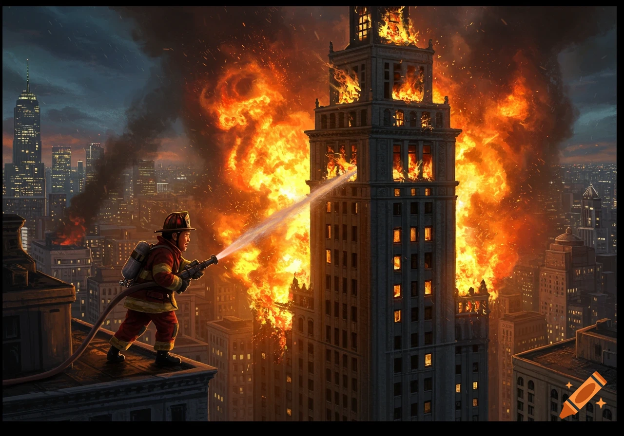 Digital painting of a firefighter on a rooftop spraying water on a large burning skyscraper in a city.