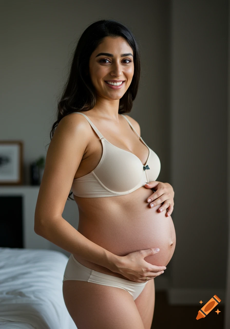 Smiling pregnant woman in bra and underwear standing indoors.