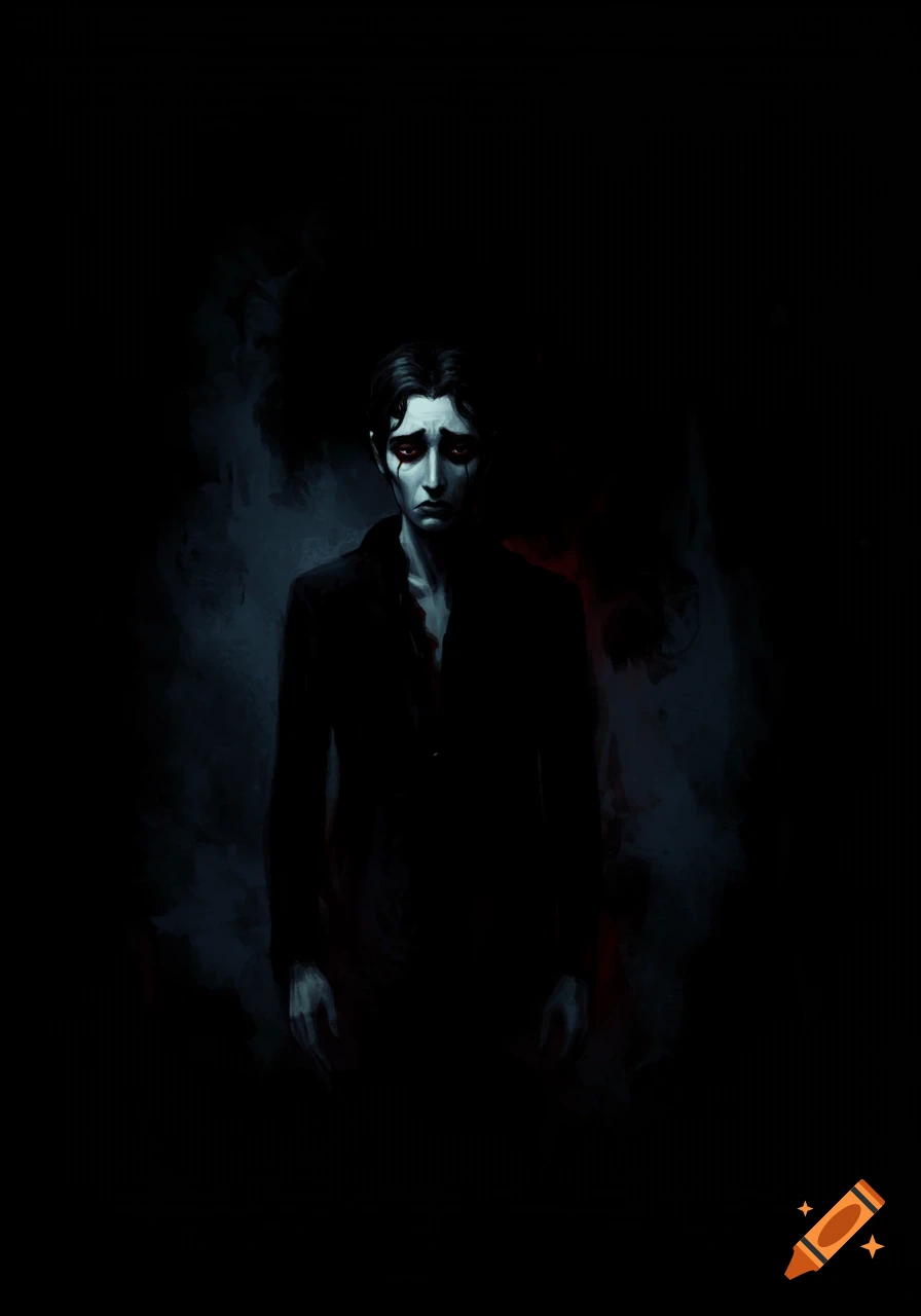 A dark figure with sad, dark eyes stares out from the darkness.