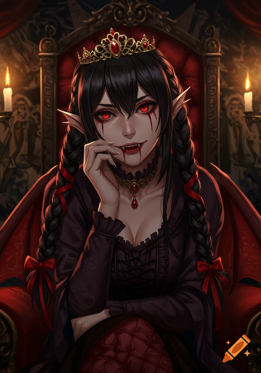 Anime style portrait of a vampire princess with red eyes and blood around her mouth, wearing a crown and sitting on a throne.