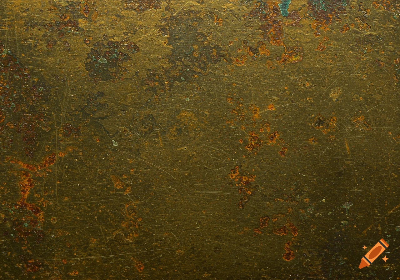 Close-up of aged, distressed brass metal texture with rust and patina.