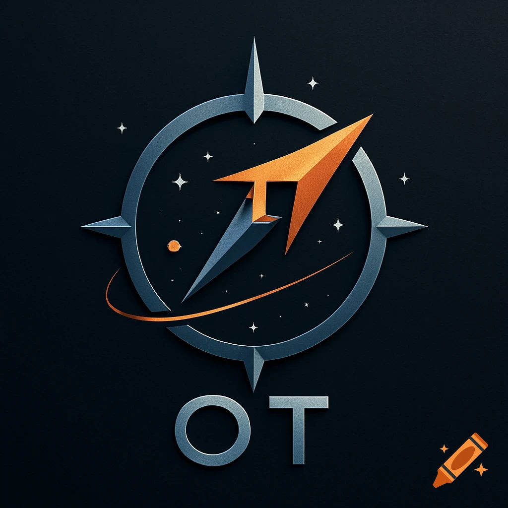 Stylized logo with compass, rocket ship, stars, and letters OT.