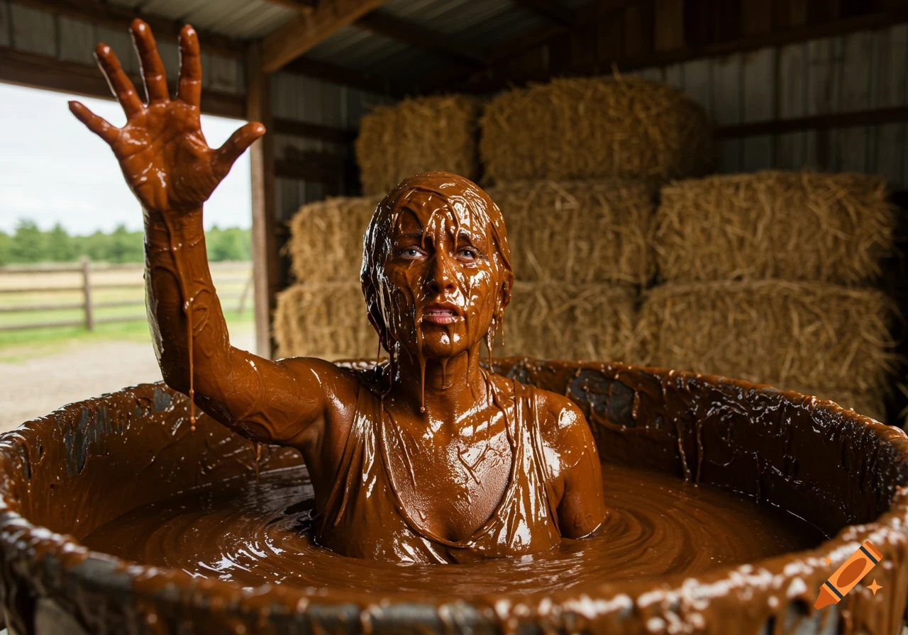 Woman covered in dark brown sticky substance emerging from a vat in a barn