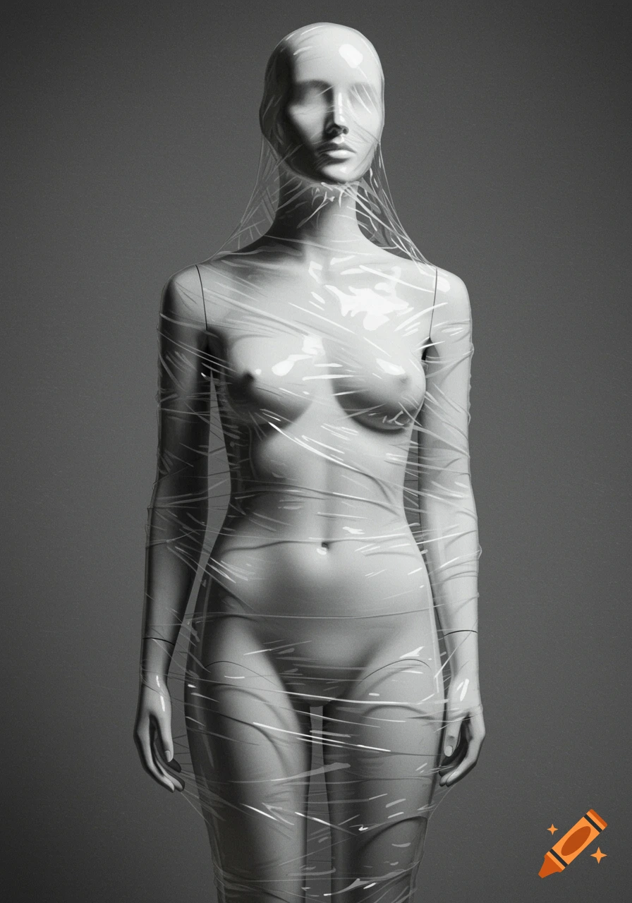 Photorealistic image of a mannequin wrapped in plastic