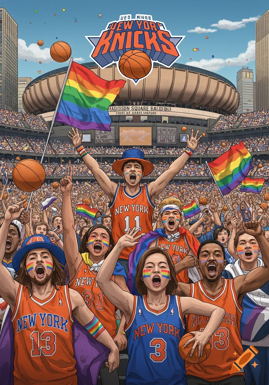 Diverse fans cheer at a New York Knicks game, wearing team jerseys and rainbow face paint, waving rainbow flags.