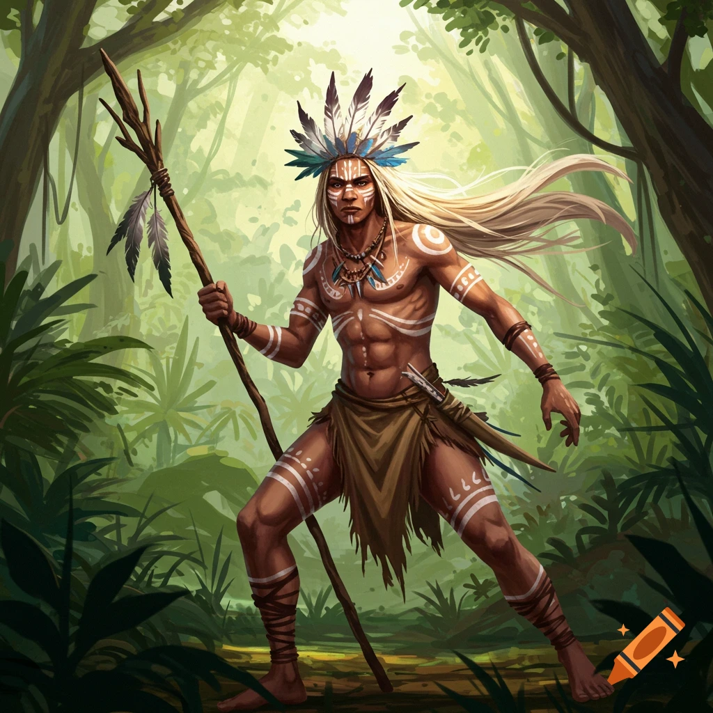 A tribal warrior with feathers and face paint holds a spear in a jungle.