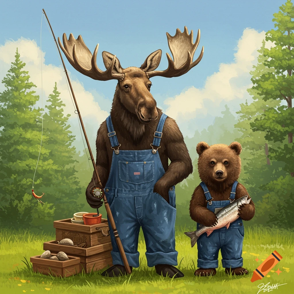 An illustration of a moose and a bear cub in overalls fishing in a forest clearing.