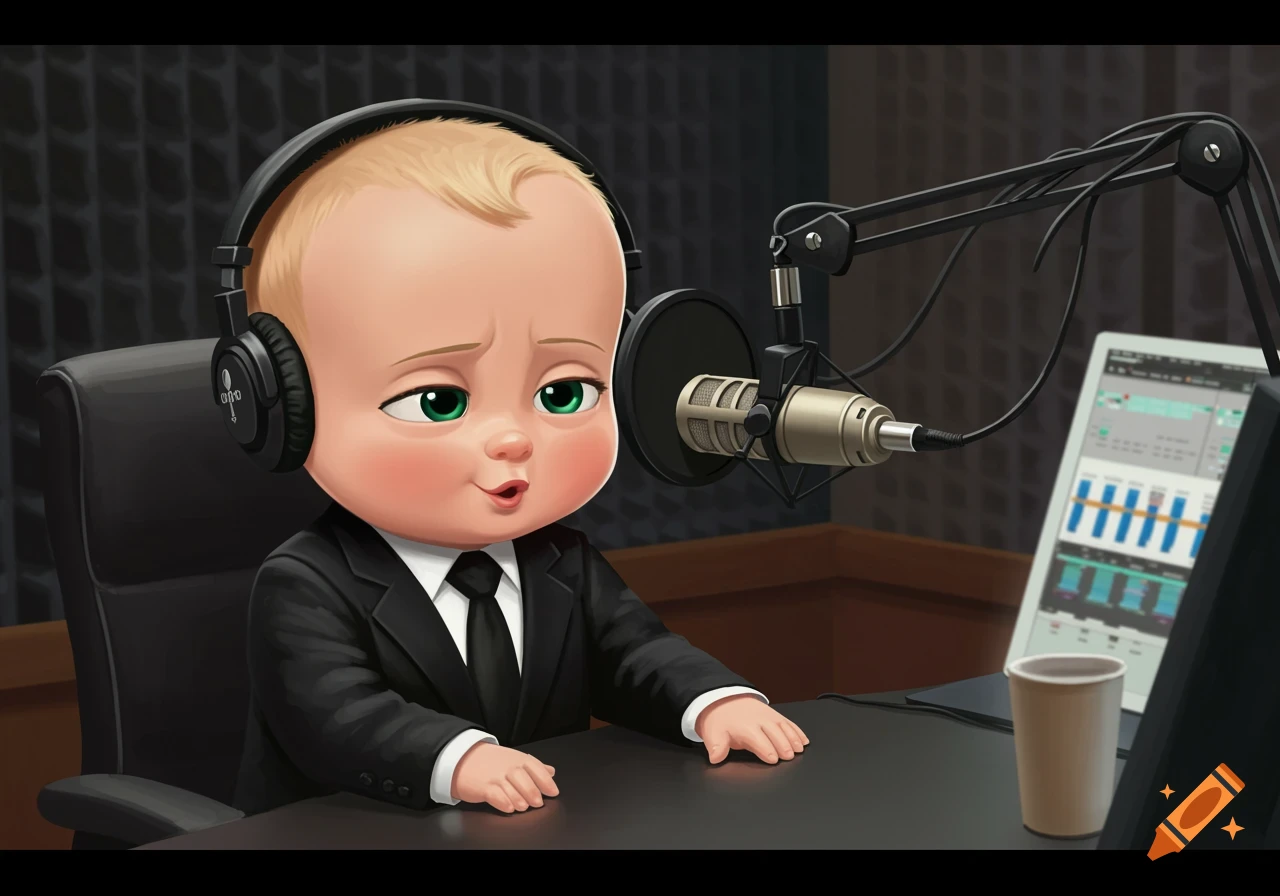 Cartoon baby in a suit with headphones at a podcast recording studio.