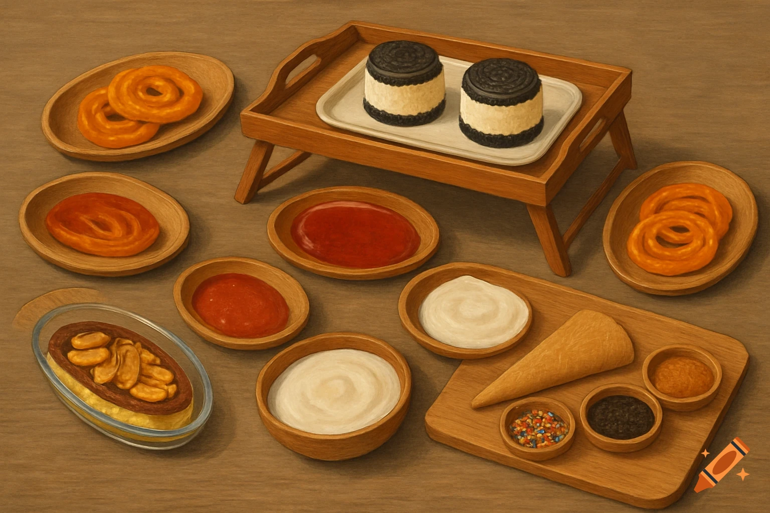 Overhead view of various desserts and dips in small dishes and a tray on a wooden table.