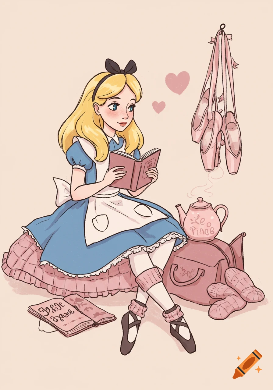 Cartoon illustration of Alice in Wonderland reading next to ballet shoes, bag, teapot, and socks.