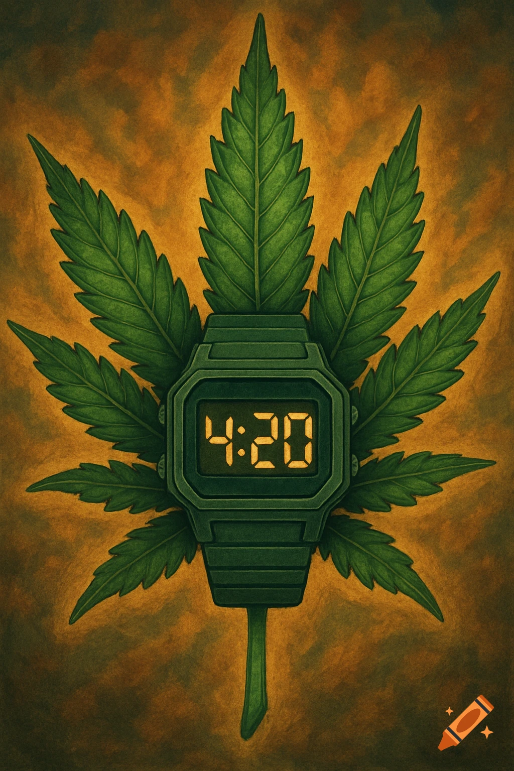 Illustration of a digital watch showing 4:20 on a cannabis leaf background.