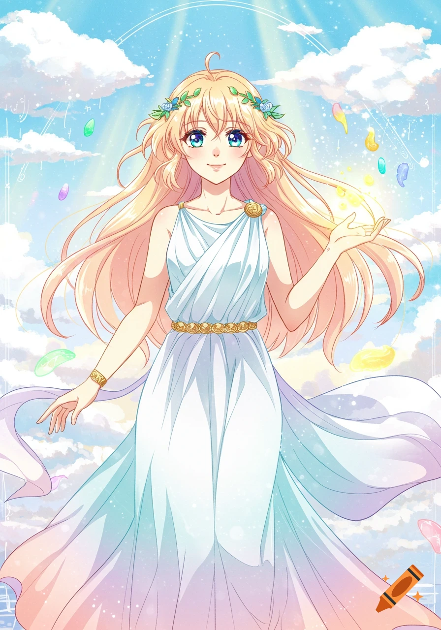 Anime girl dressed as a goddess in a flowing white dress, surrounded by clouds and sunlight, holding glowing elements.