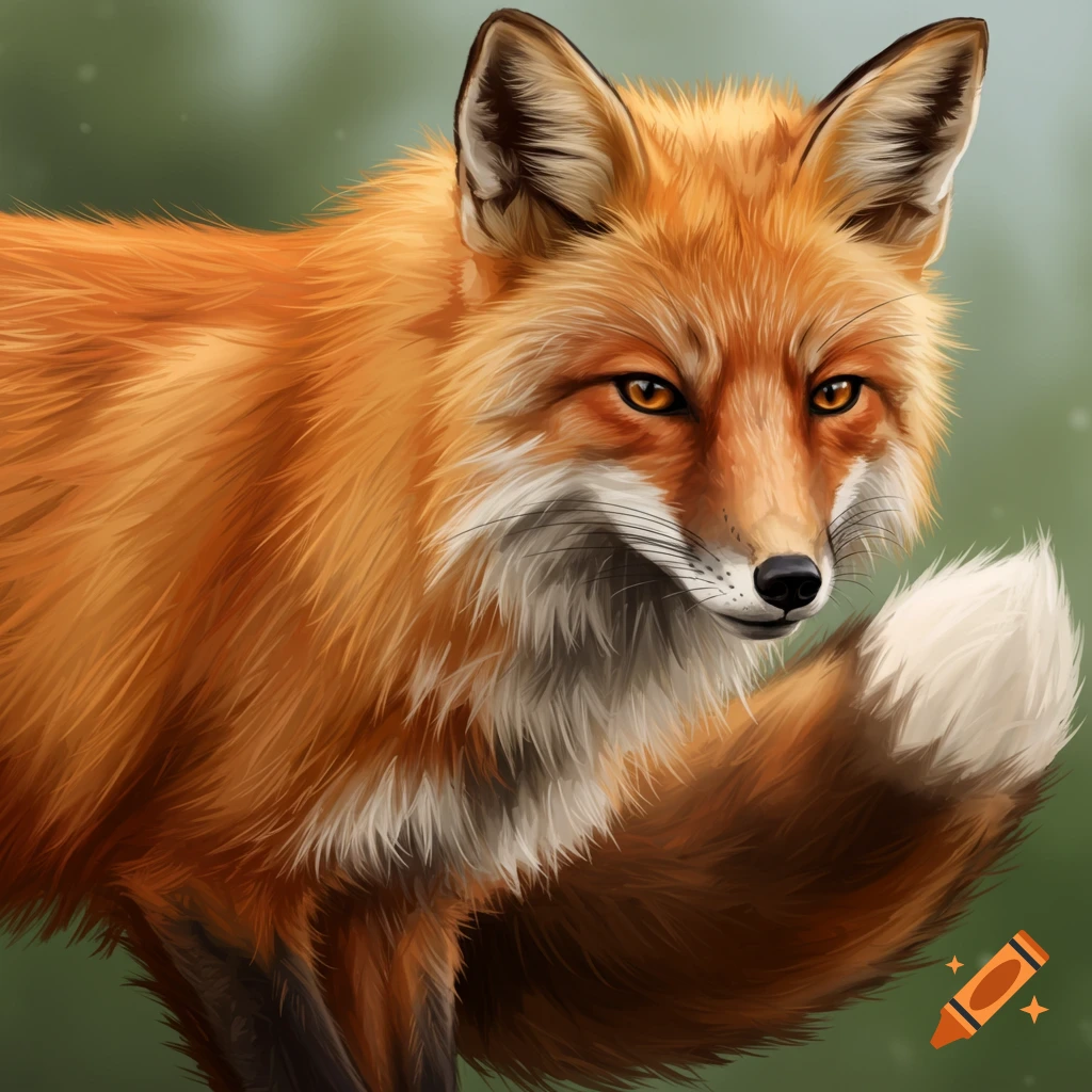 A close-up painting of a red fox looking forward.