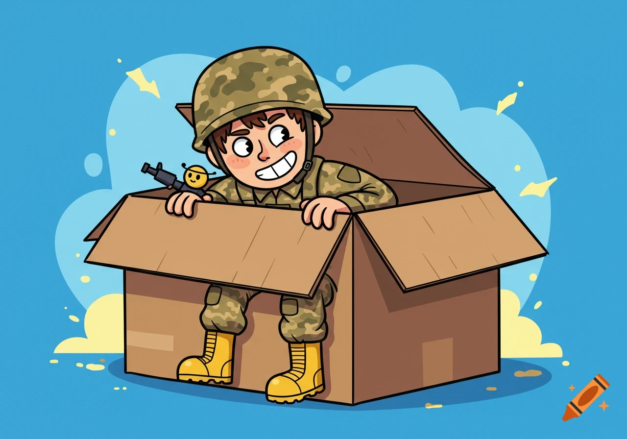 A cartoon child dressed as a soldier sits in a cardboard box with a toy gun and a small bee character.