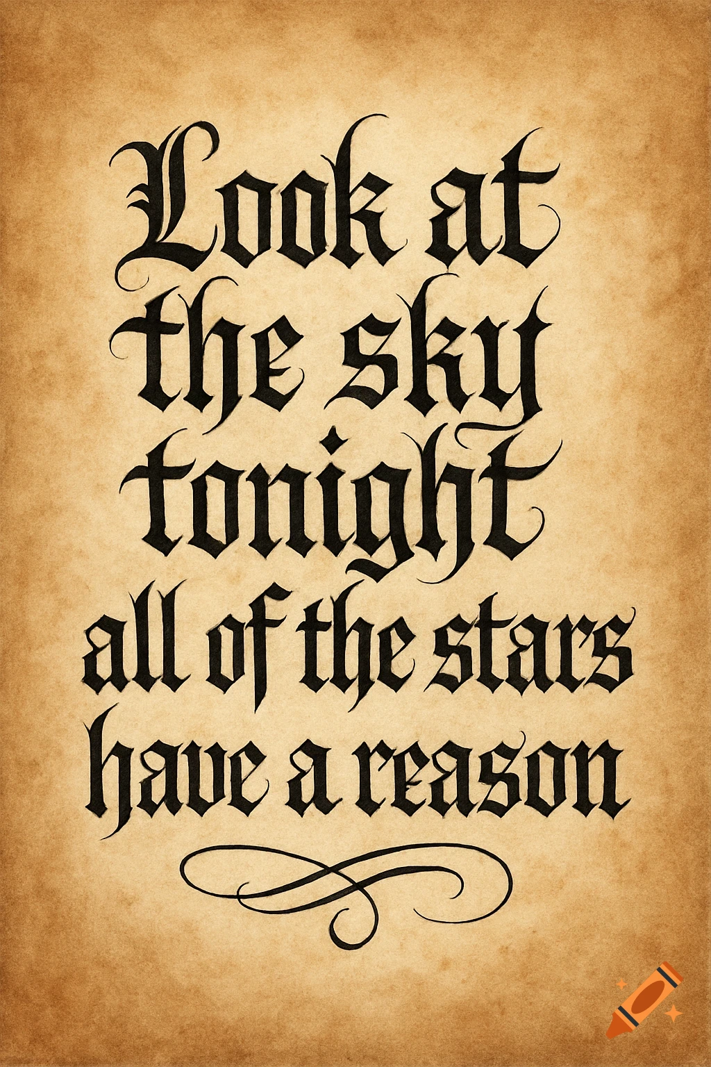 Blackletter text reading 'Look at the sky tonight all of the stars have a reason' on a parchment background
