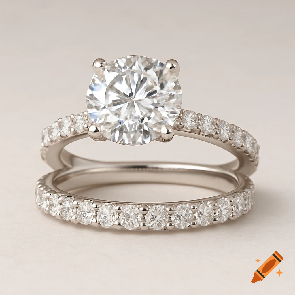 Close-up of a diamond engagement ring and wedding band on a light background.