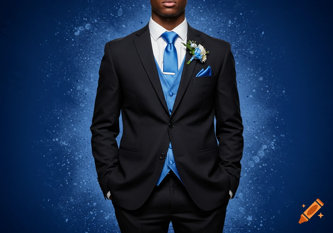 Man wearing a black suit with a bright blue vest, tie, and pocket square, against a textured blue background.