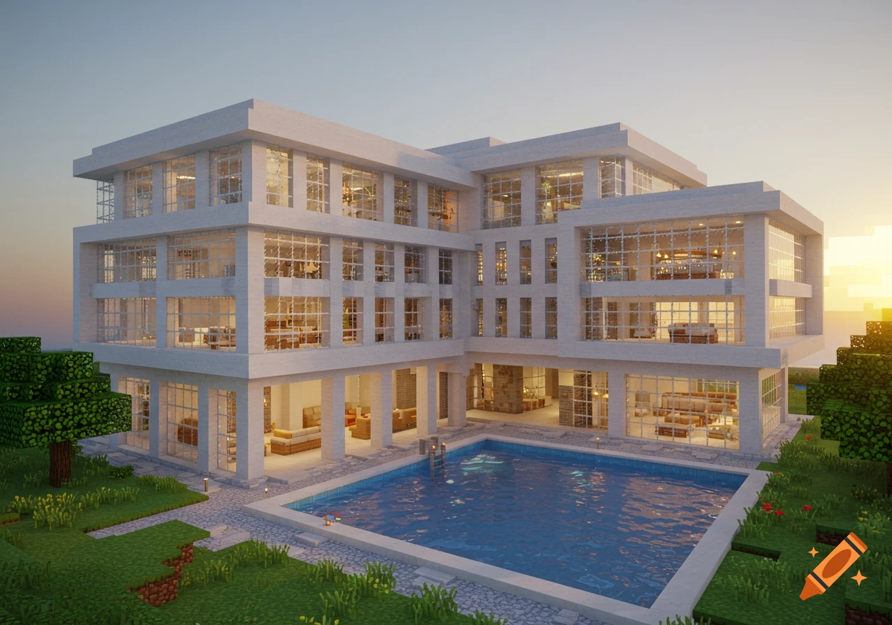 A modern mansion with a swimming pool in a Minecraft style at sunset.