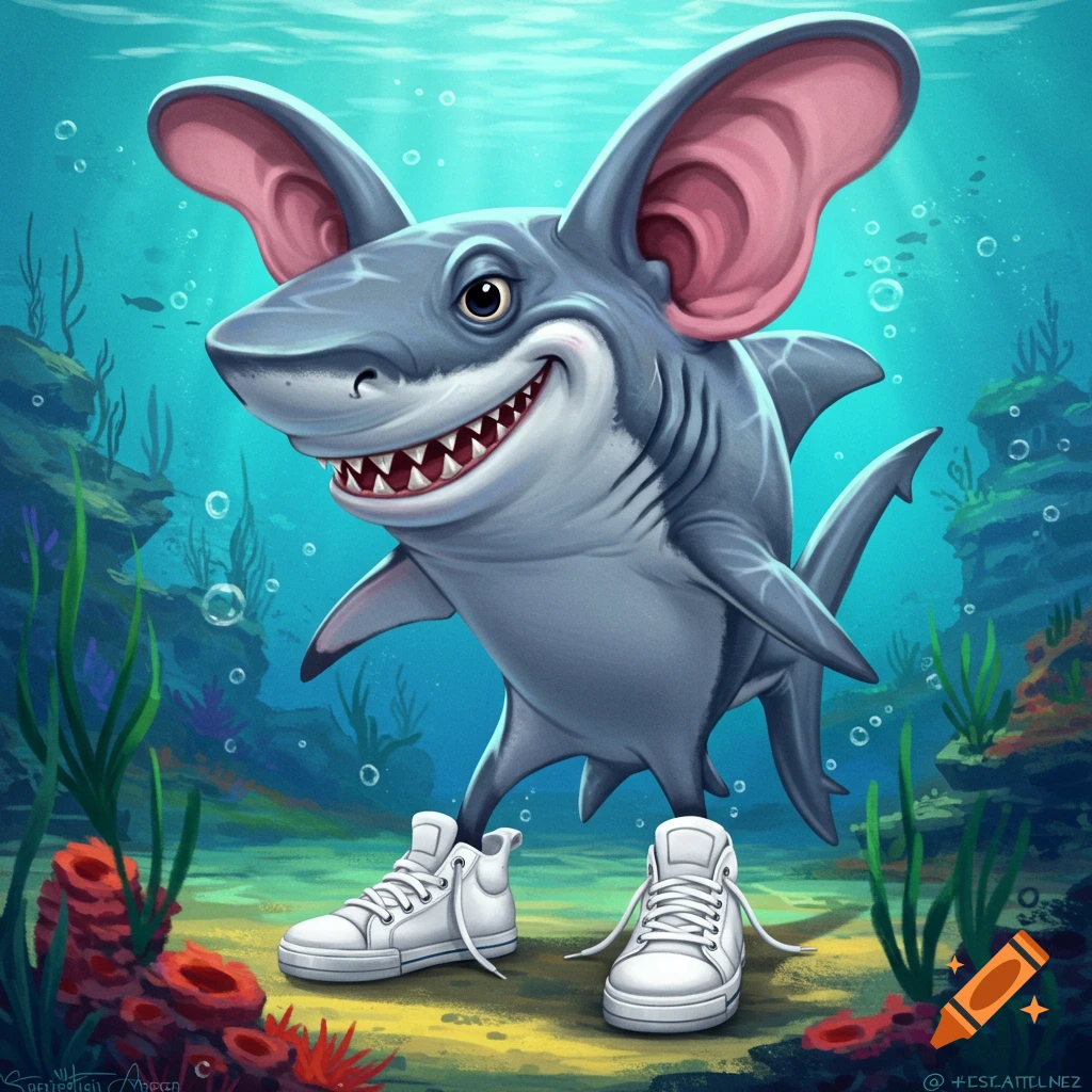 Cartoon shark with large pink ears and white tennis shoes standing on the seabed.