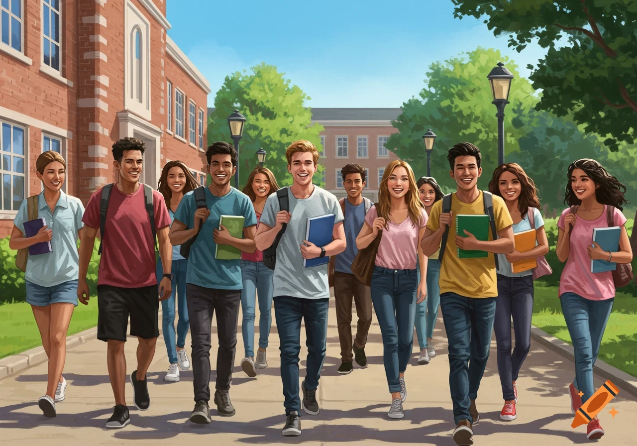 Illustration of happy college students walking on campus.