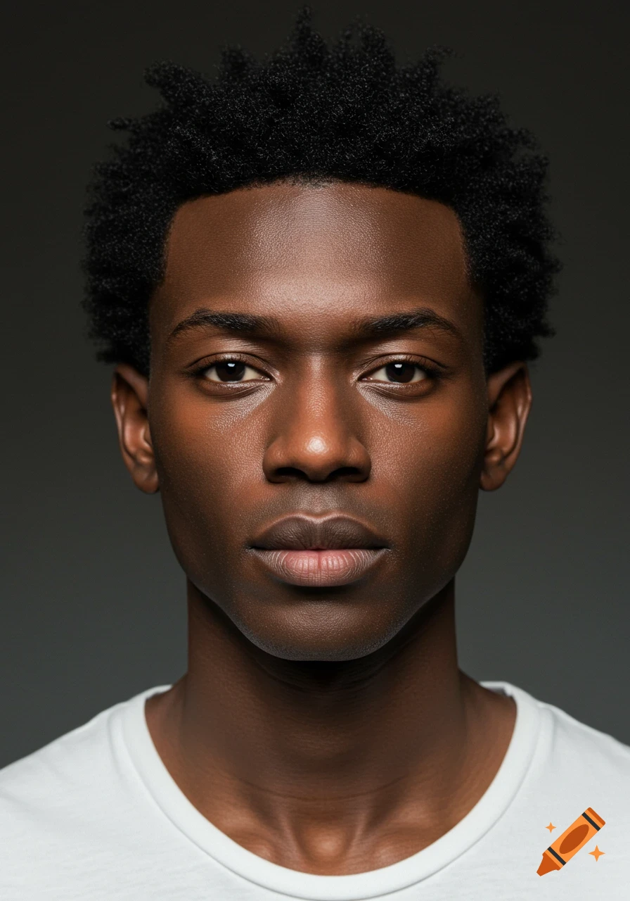 Close-up photorealistic studio portrait of a young Black man looking directly at the camera with a neutral expression.