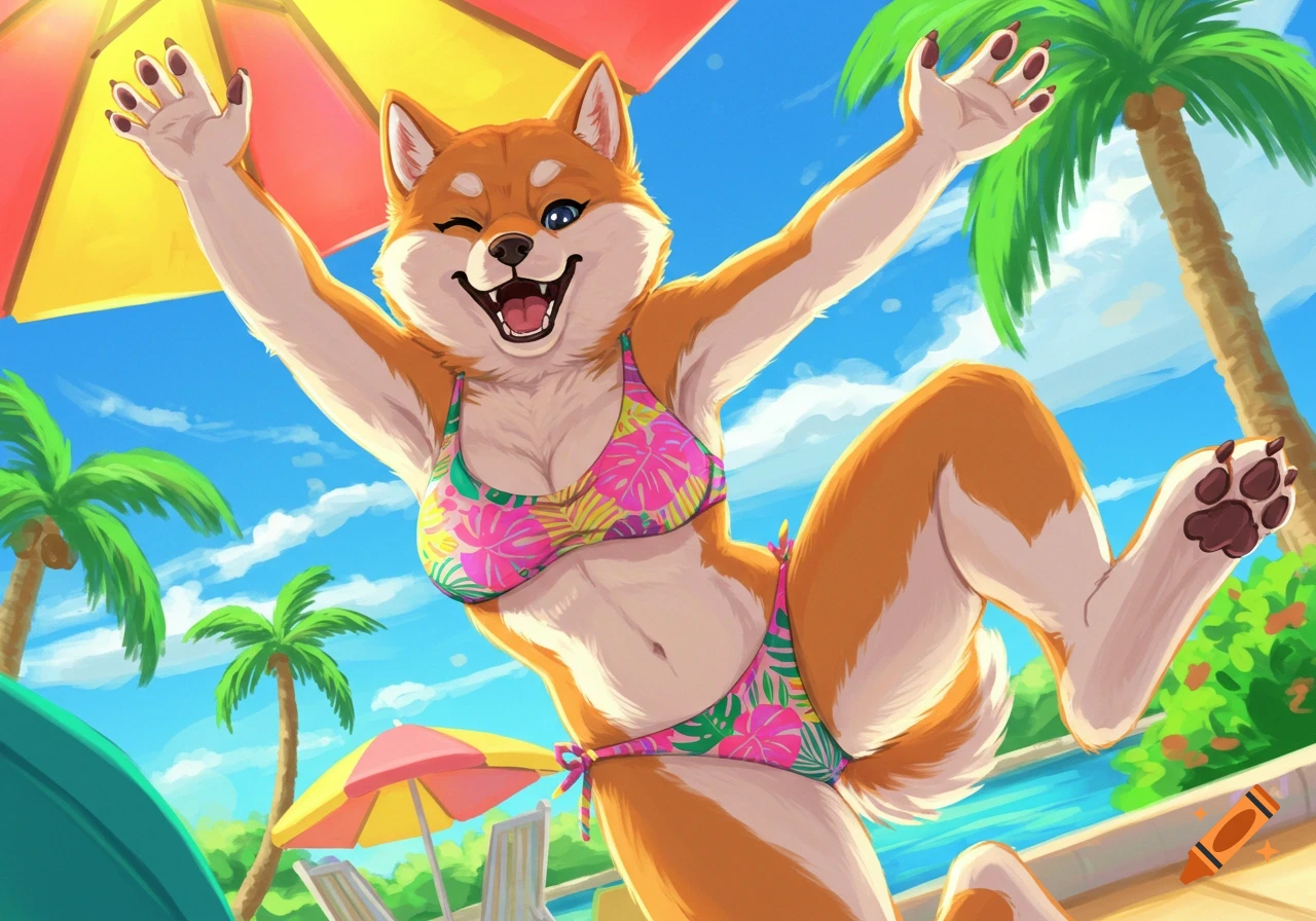 Anthropomorphic Shiba Inu in a swimsuit jumps excitedly at the beach.