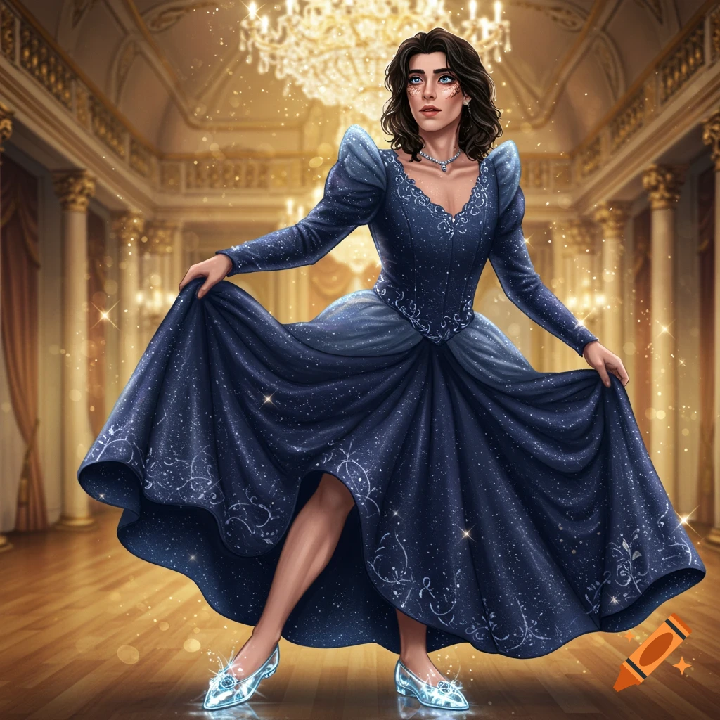 Illustration of a male figure in a starry blue gown and glass slippers dancing in a golden ballroom.