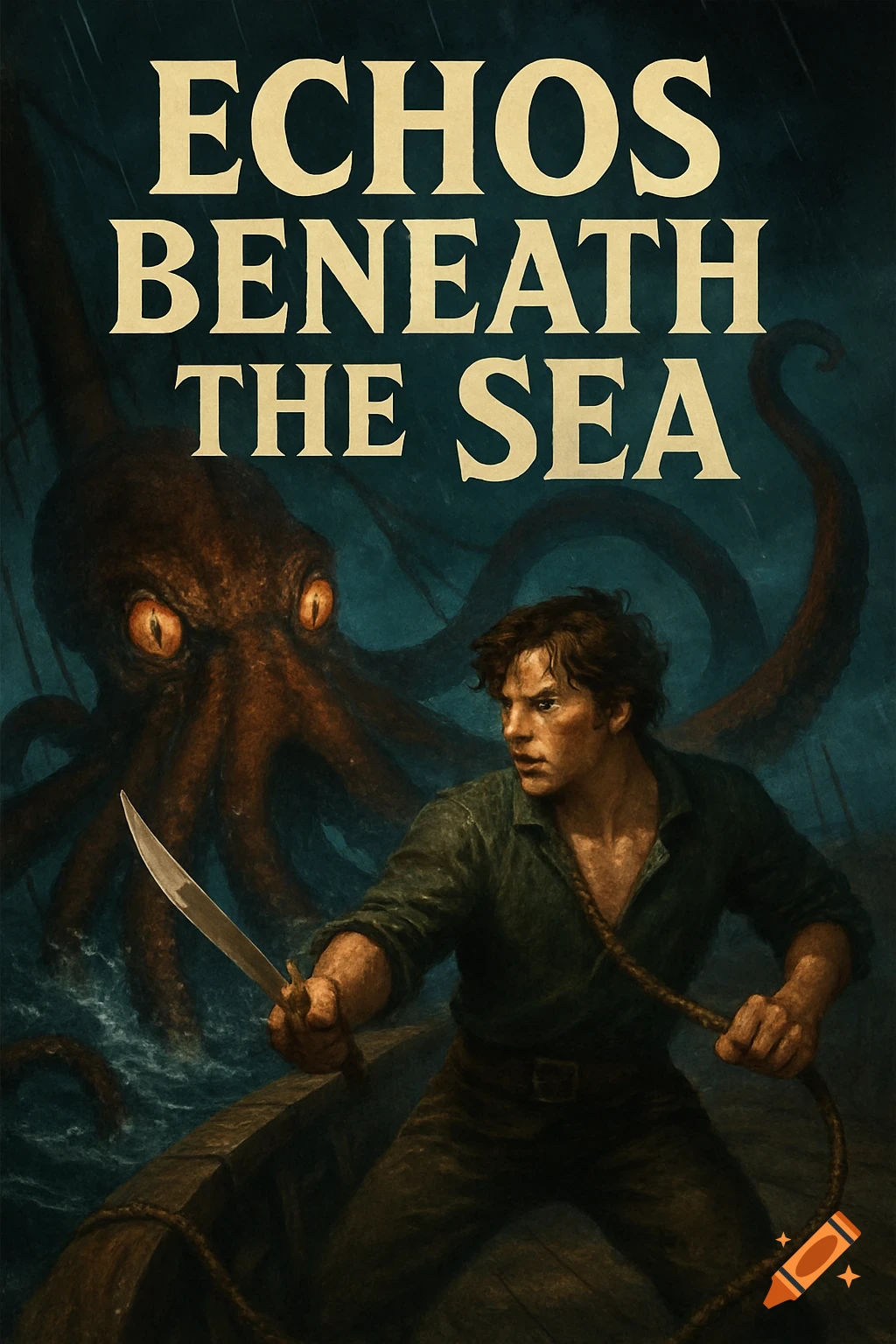Man on boat fights giant kraken. Book cover illustration.