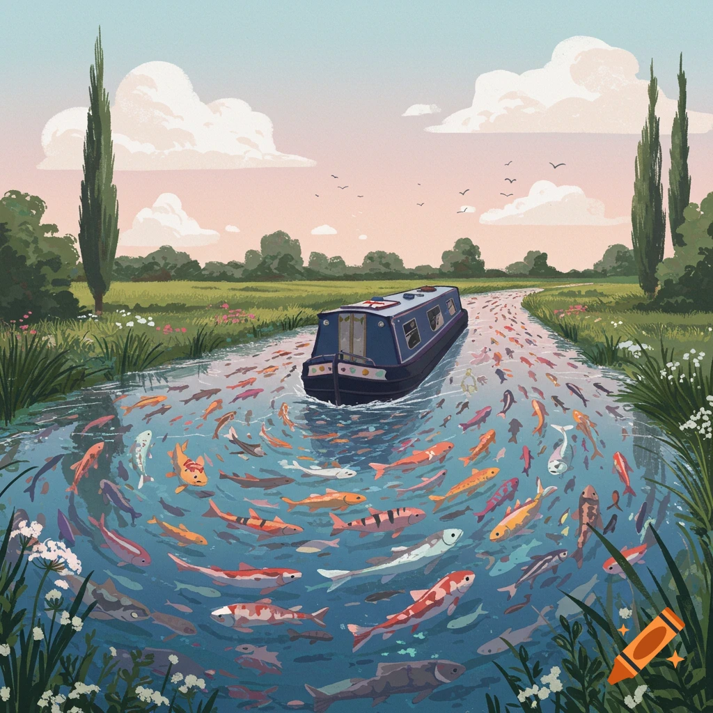 Stylized illustration of a blue narrowboat sailing on a river filled with colorful fish.