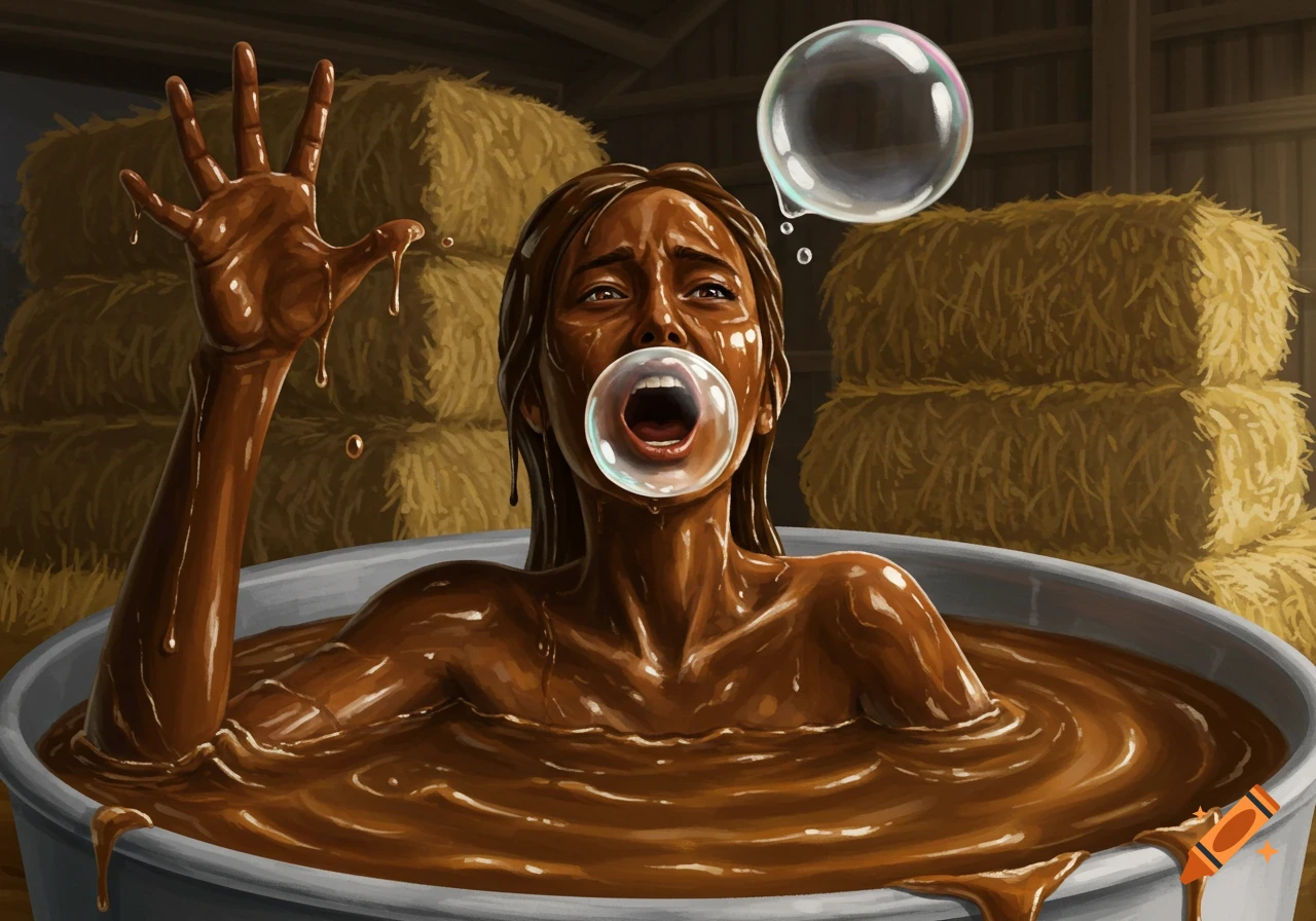 Digital painting of a woman covered in brown liquid in a vat, screaming in a barn