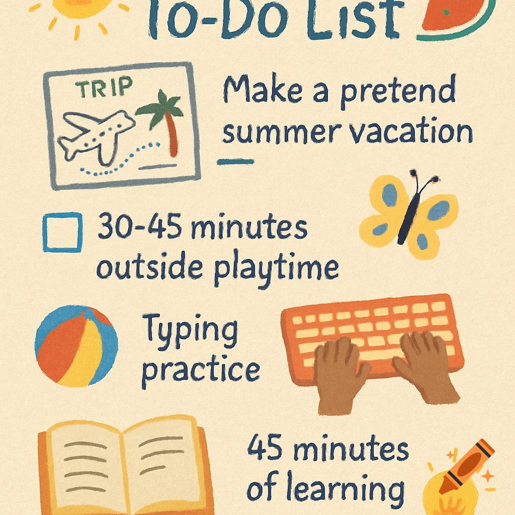A cute, hand-drawn style to-do list for kids, featuring illustrations next to list items like 'Make a pretend summer vacation', '30-45 minutes outside playtime', 'Typing practice', and '45 minutes of learning'.