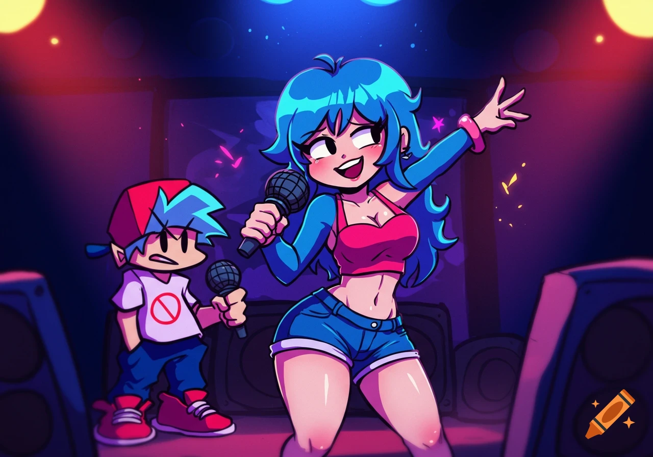 Girlfriend singing on stage with Boyfriend holding a mic, in a stylized cartoon style