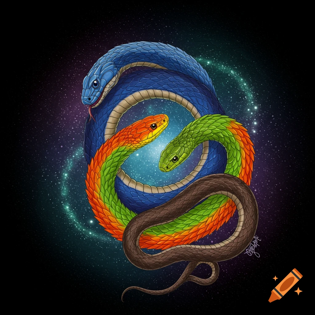 Three colorful intertwined snakes form a circle against a starry cosmic background in a digital illustration style.