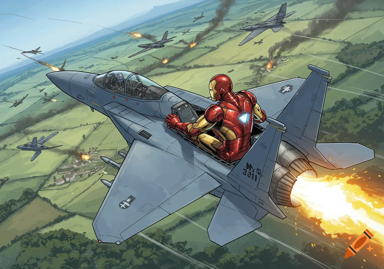 Comic art of Iron Man in an F-15 fighter jet flying over a battle scene with other planes.