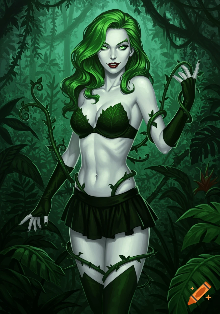 A woman with green hair and a leafy green outfit stands in a dark jungle.
