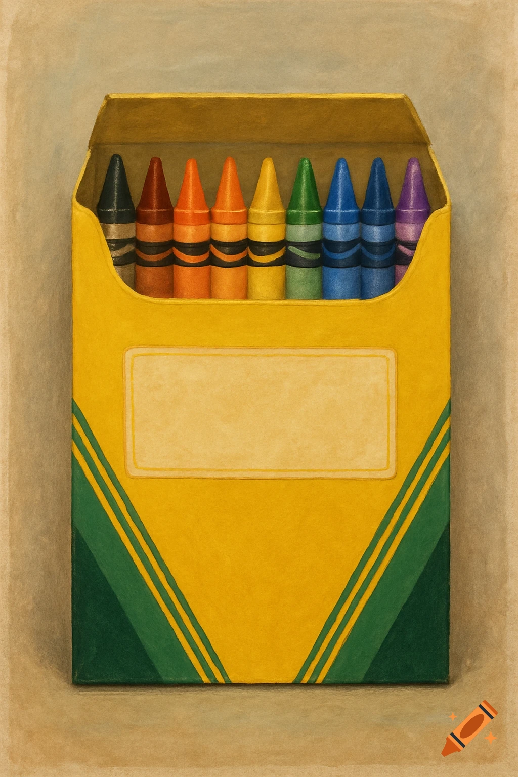 A yellow box of crayons with different colored crayons inside, rendered in a textured, illustrative style.