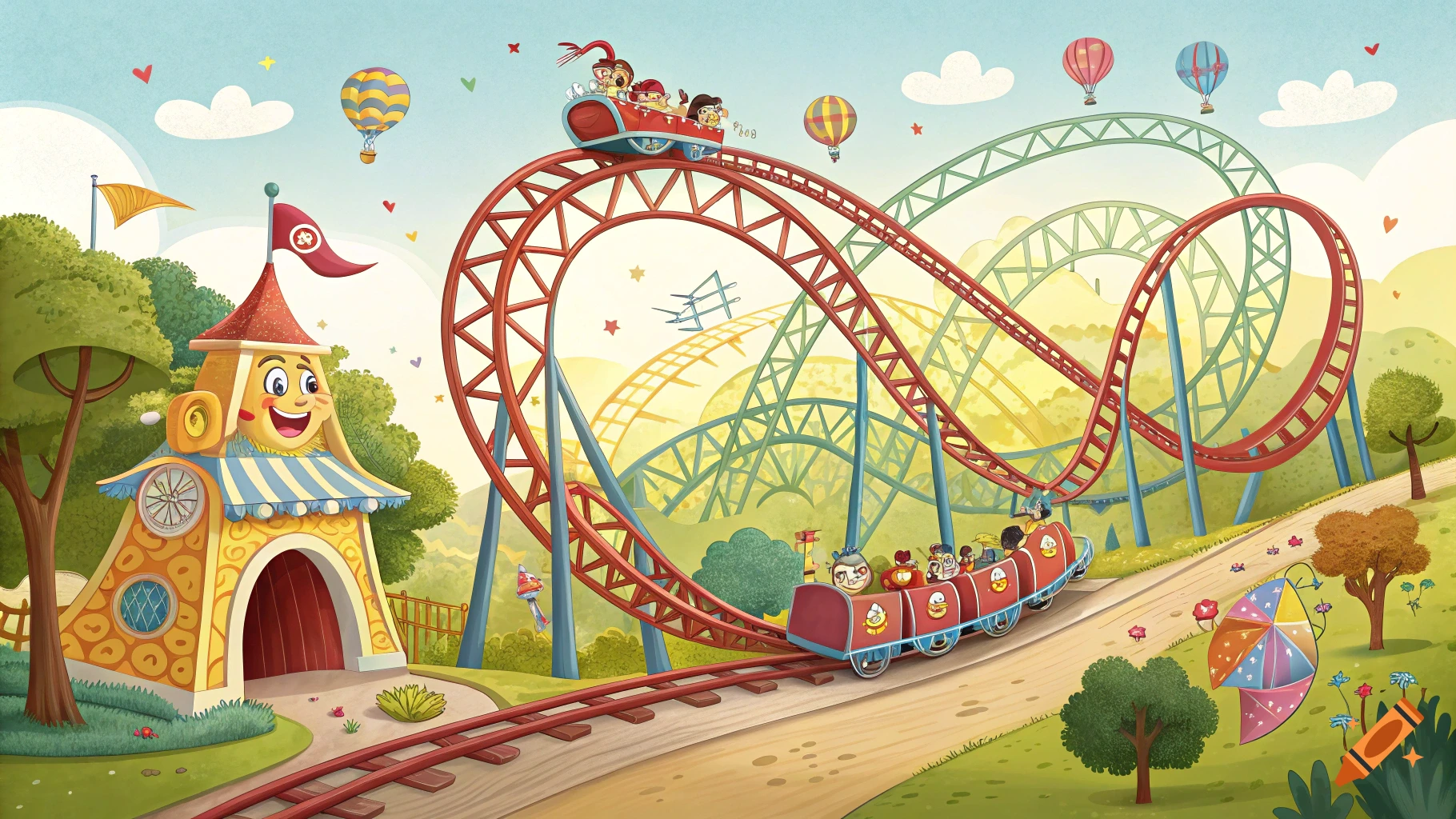 Cartoon illustration of a rollercoaster in an amusement park with people and hot air balloons.
