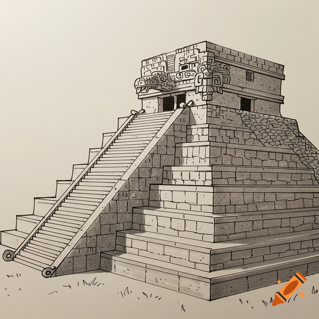 Black and white drawing of an ancient stone pyramid or temple with stairs.