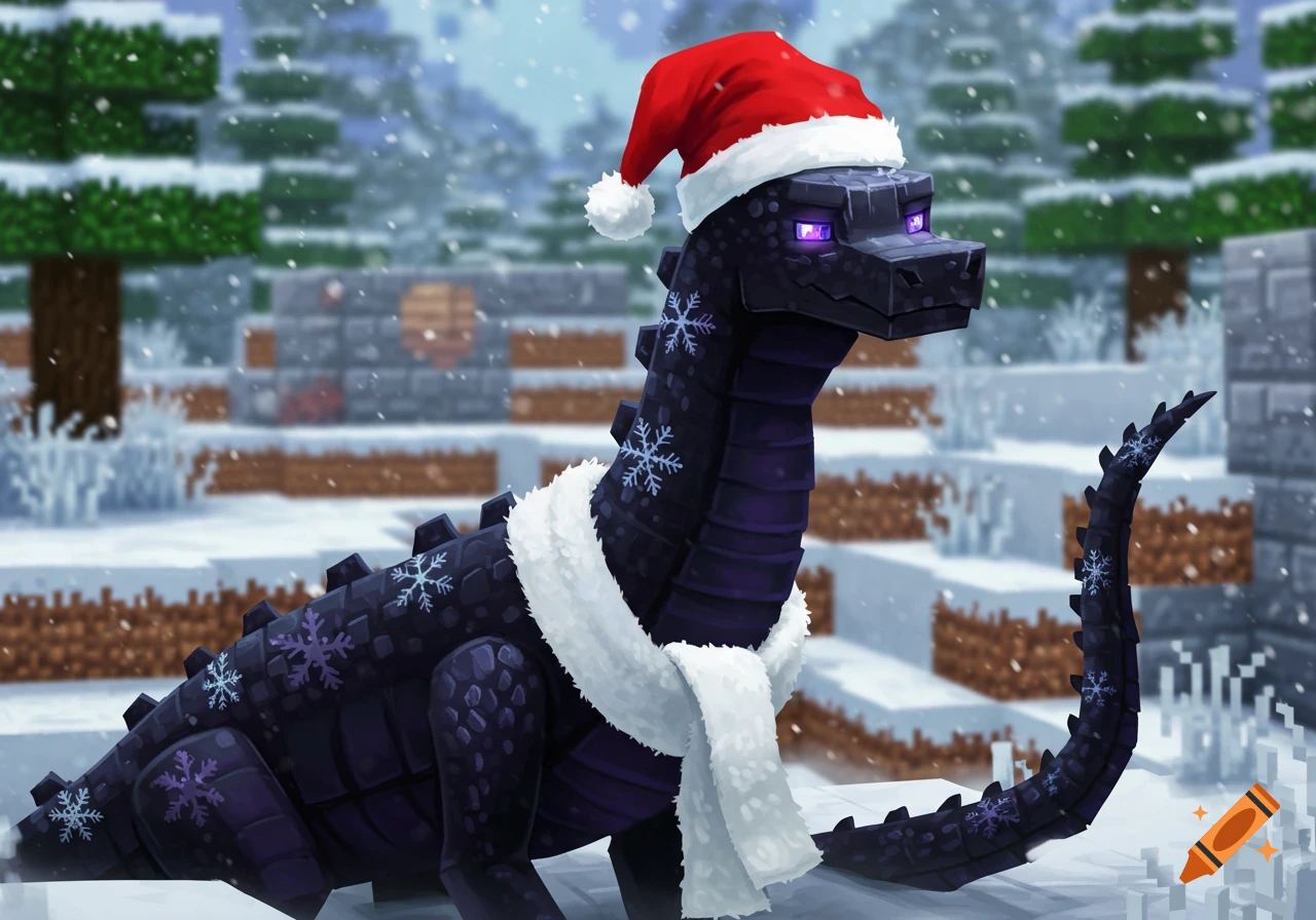 A Minecraft Ender Dragon wearing a Santa hat and scarf in a snowy ...