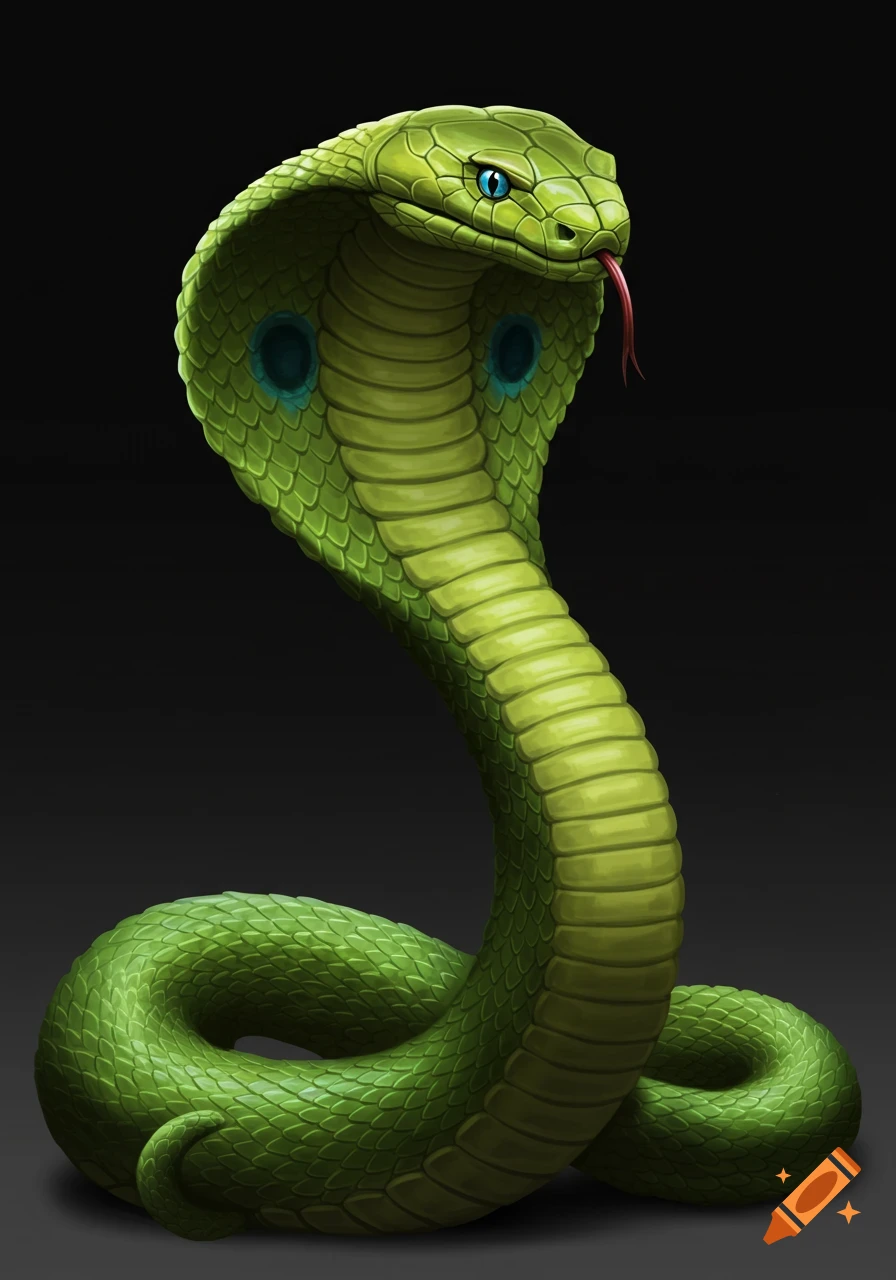 An illustration of a green cobra snake standing upright with its hood spread.