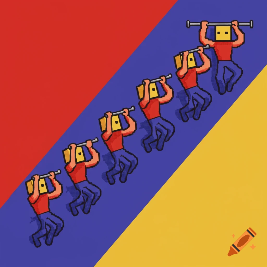 Pixel art figures with paper bags on their heads do pull-ups against a diagonal red, blue, and yellow background.