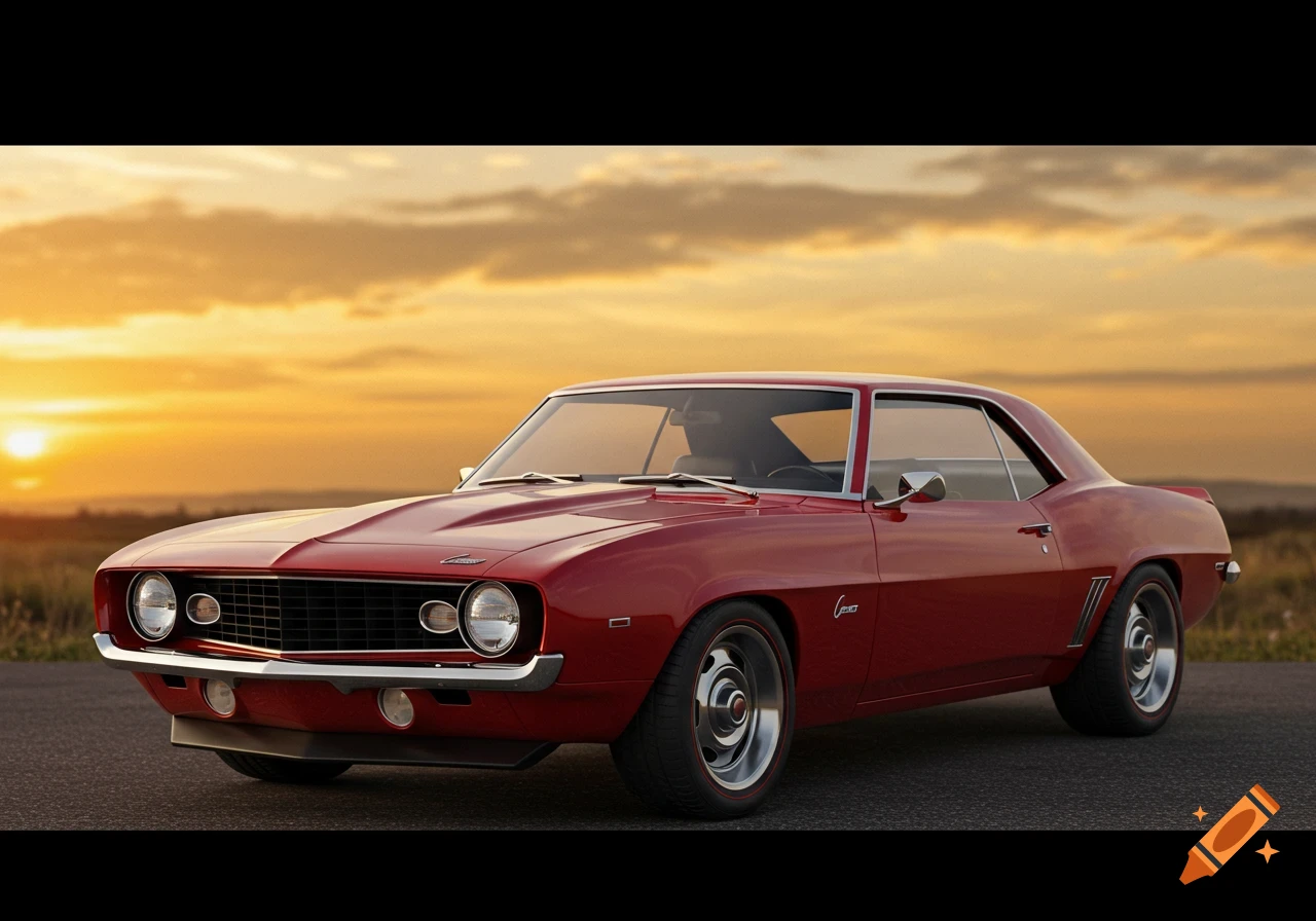 A red Camaro parked on a road with a sunset sky.