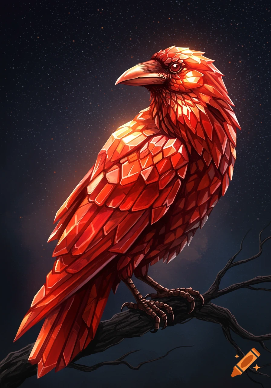 A raven made of red and orange crystals sits on a branch against a starry sky.
