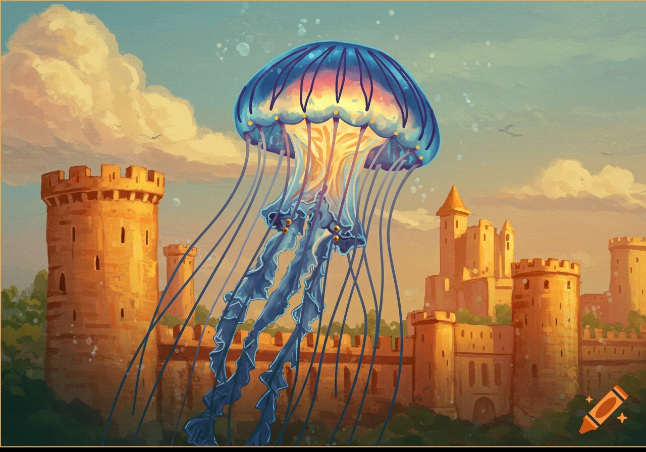 A giant glowing blue jellyfish floats above medieval castles under a sunset sky. Stylized painting.