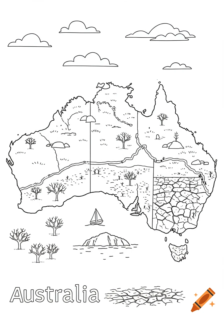 A simple black and white line drawing colouring page of the map of Australia showing landscapes and the text 'Australia'.